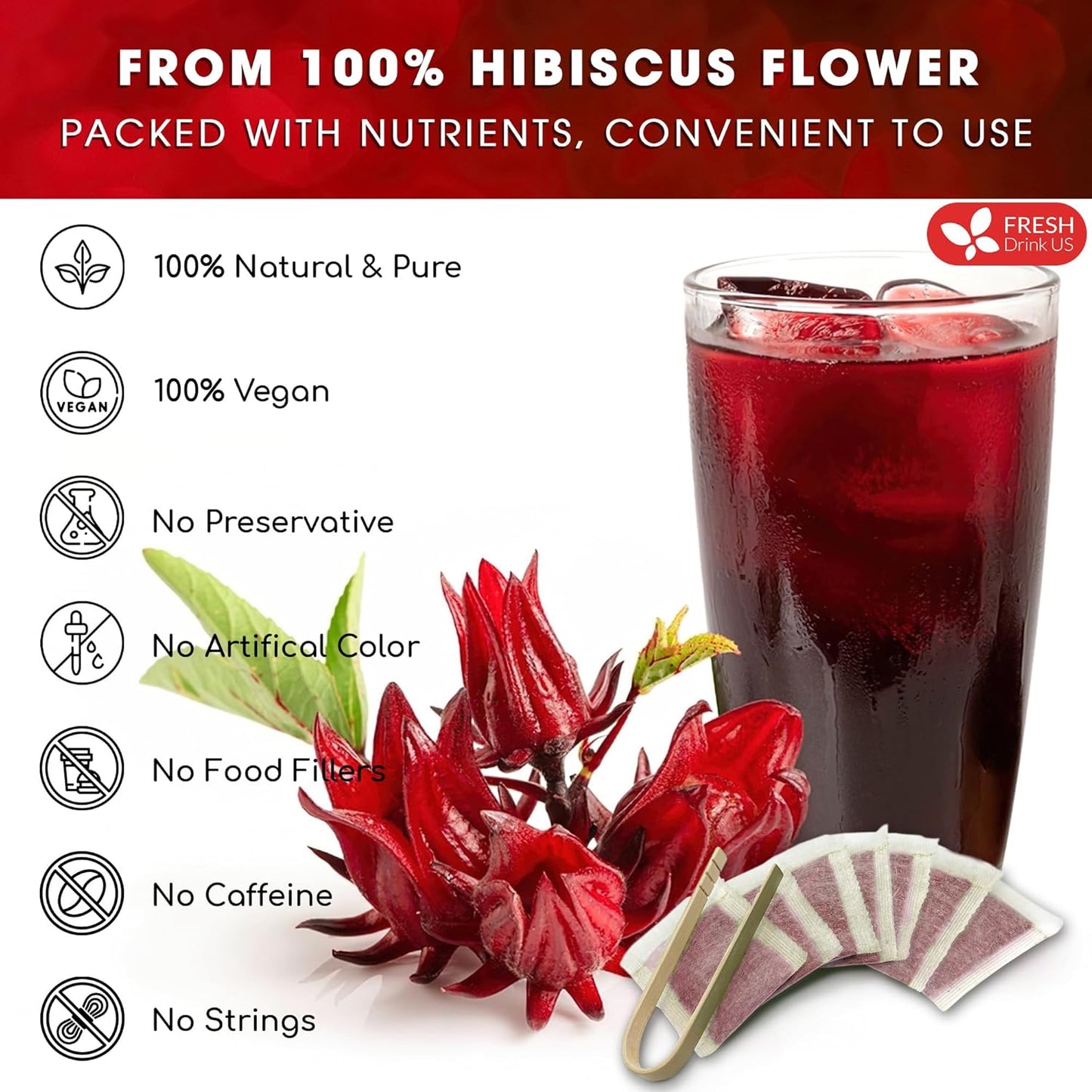 FreshDrinkUS, Premium 10 Hibiscus Flowers Tea Bags, 100% Natural, Pure from Hibiscus Flowers. Loose Flower Hibiscus Herbal Tea. Hibiscus Flower Tea. No Sugar, No Caffeine, No Gluten, Vegan.