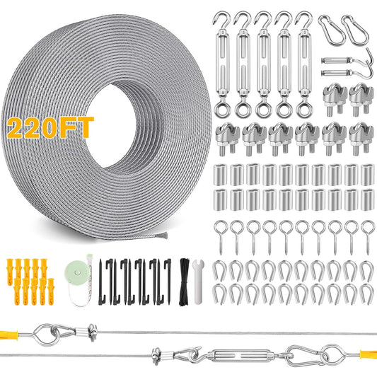 220FT 1/16" Wire Rope Kit - String Light Hanging Kit Vinyl Coated 304 Stainless Steel Cable with Turnbuckles for String Light Hanging, Gate Anti Sag, Stair Railing, Curtain, Picture Hanging, Garden