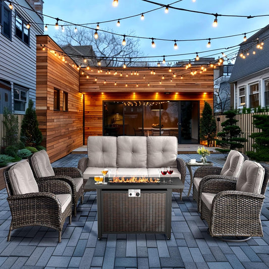 HUMMUH 7 Piece Patio Furniture Set with Fire Pit Table,Wicker Patio Swivel Rocker Outdoor Chairs 3-Seat Sofa for Porch,Poolside,Deck