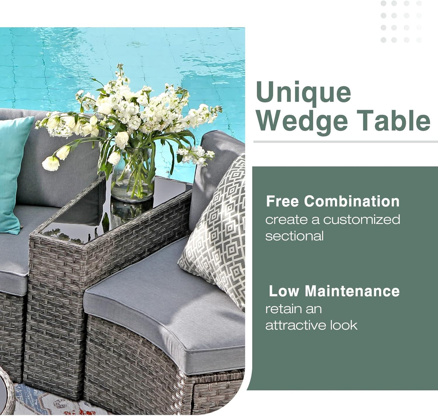 SUNSITT Outdoor Patio 8-Piece Half Moon Curved Furniture Sofa Set Grey Wicker Sectional Sofa Grey Cushions with 2 Side Table