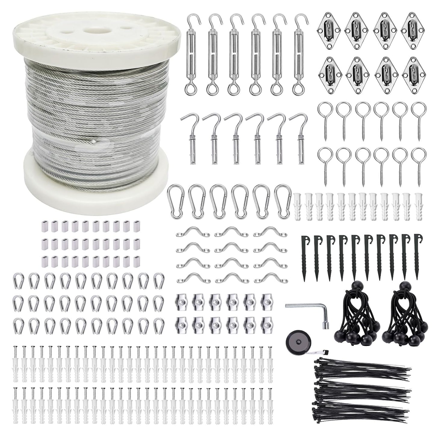 3/38" Wire Cable Rope Kit ，Vinyl Coated 304 Stainless Steel Wire – 300FT 7x7 Strand Cable with Turnbuckles，Shade Sail & Hanging Lights Hardware Kit for Outdoor, Garden,Patio, Crafts,