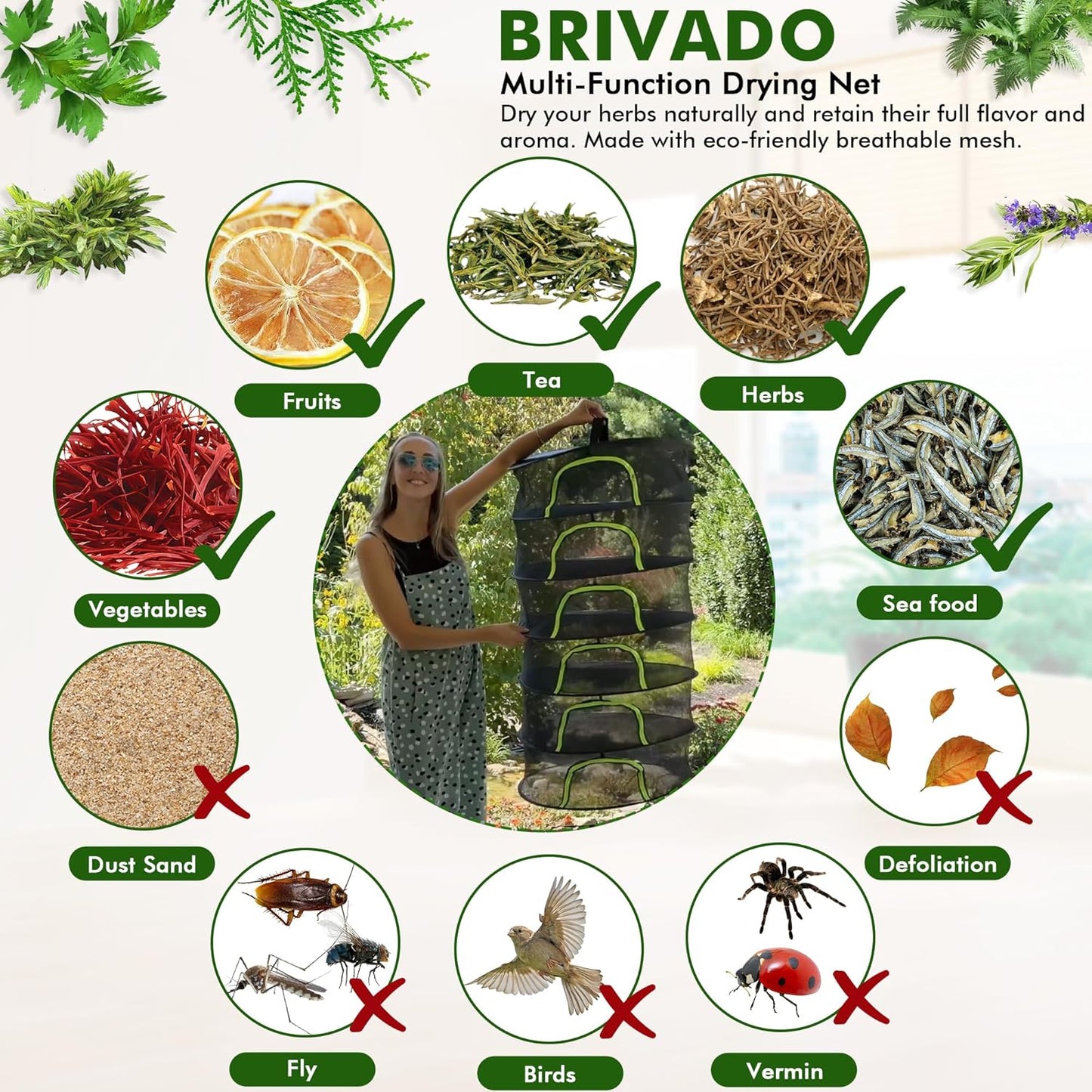 Herb Drying Rack Hanging Mesh 4 Layer 24" with Zipper, Garden Pruning Shear, Hook & Carabiner Clip for Drying Herbs, Plants, Seeds, Buds | Hydroponics & Grow Tents Herb Dryer Hanging Rack