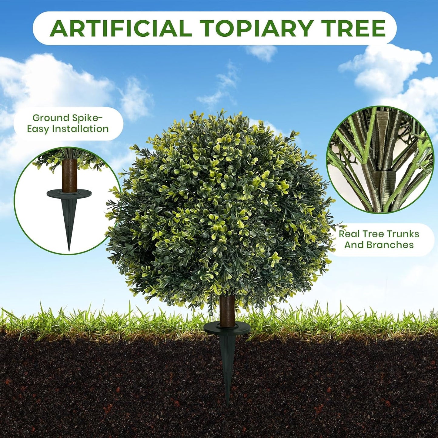 ICX 2 Pack 24&quot; Artificial Boxwood Topiary Ball Trees with Ground Spike,Artificial Plants Outdoor,Fake Bushes &amp; Shrubs for Porch, Garden, Front Porch Decor - Indoor/Outdoor Faux Plants