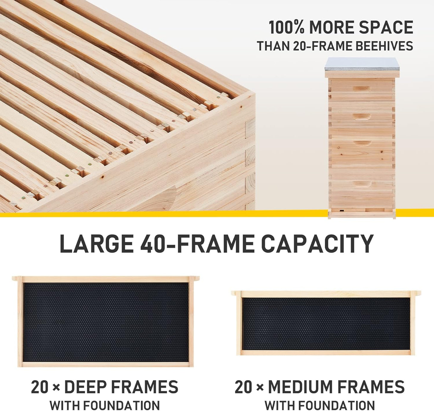 CREWORKS Bee Hive Boxes Starter Kit, Langstroth Beehive for Bee Keeping, 4 Layer Bee House with 20 Medium and 20 Deep Frames & Foundations, Beekeeping Supplies with Plastic Queen Excluder and Nails