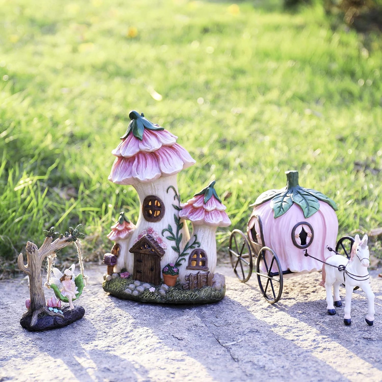 LA Jolie Muse Resin Fairy Garden - Miniature Floral Roof Cottage with Solar LED Lights, Fairy House Figurine Set of 3 with Carriage, Outdoor Decor for Patio Yard Lawn, Gifts for Mom