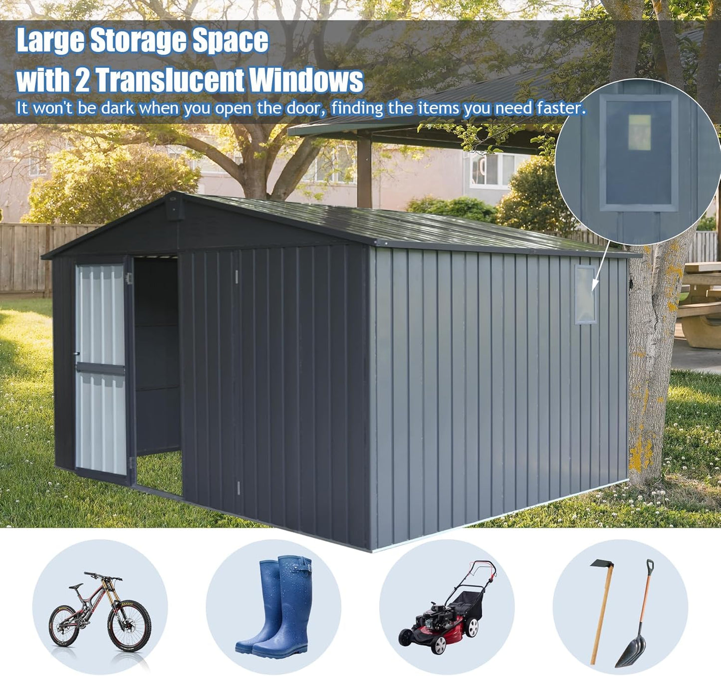 Domi Backyard Storage Shed 11’ x 12.5’ with Galvanized Steel Frame & Windows, Outdoor Garden Shed Metal Utility Tool Storage Room with Lockable Door for Patio(Dark Gray)