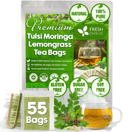 FreshDrinkUS, Premium 55 Tea Bags Tulsi Moringa Lemongrass, 100% Natural & Pure from Tulsi Holy Basil Leaves, Moringa & Lemongrass. Made with Natural Material Tea Bags. No Sugar, No Caffeine, Vegan.