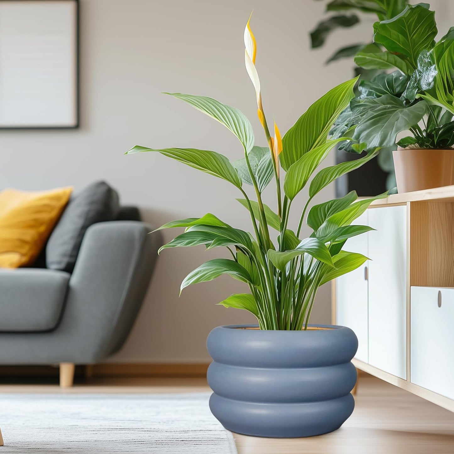 SQOWL Ceramic Planter for Outdoor Plants 13.5 Inch - Plant Pot with Drainage Hole Large Pot for Plants Indoor Unique Round Planter for Entry Way Table Home Decor Gray