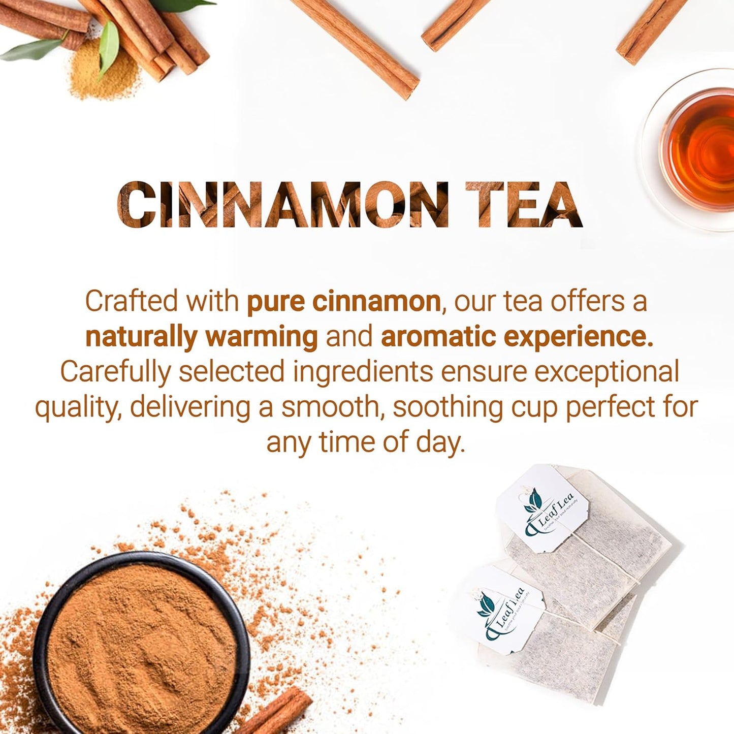 LeafLea Cinnamon Tea Bags, 80 Count (2-Pack), 100% Natural Ground Cinnamon Stick Herbal Tea, Spiced and Warming Flavor for Relaxation, Caffeine-Free, Sugar-Free, Vegan