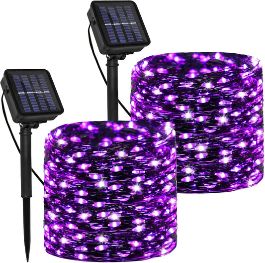 Solar Powered String Lights Outdoor, 2 Pack Total 200 LED 66FT Solar Powered Halloween Decorative Fairy Lights 8 Modes Black Wire for Halloween, Garden, Patio, Party, Yard, Christmas(Purple)