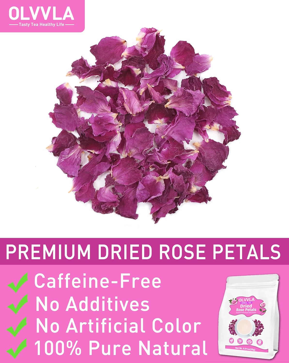 Olvvla - Dried Rose Petals - 0.91oz/26g - Premium Food Grade Dried Roses Edible Flowers - Perfect for Edible Rose Petal Tea, Decorations, Baking, Making Rose Water