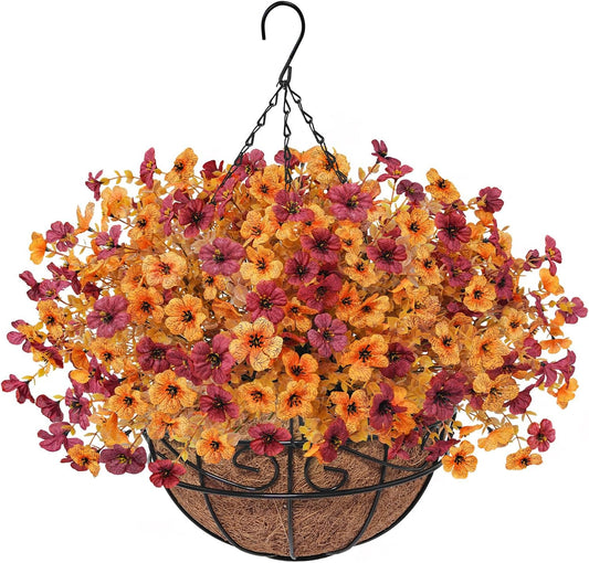 Fall Artfiticial Hanging Flowers Baskets for Outdoors, UV Resistant Fake Fall Hanging Plants, Faux Orange Flowers for Autumn Home Patio Garden Front Porch Balcony Decor (Yellow Red)