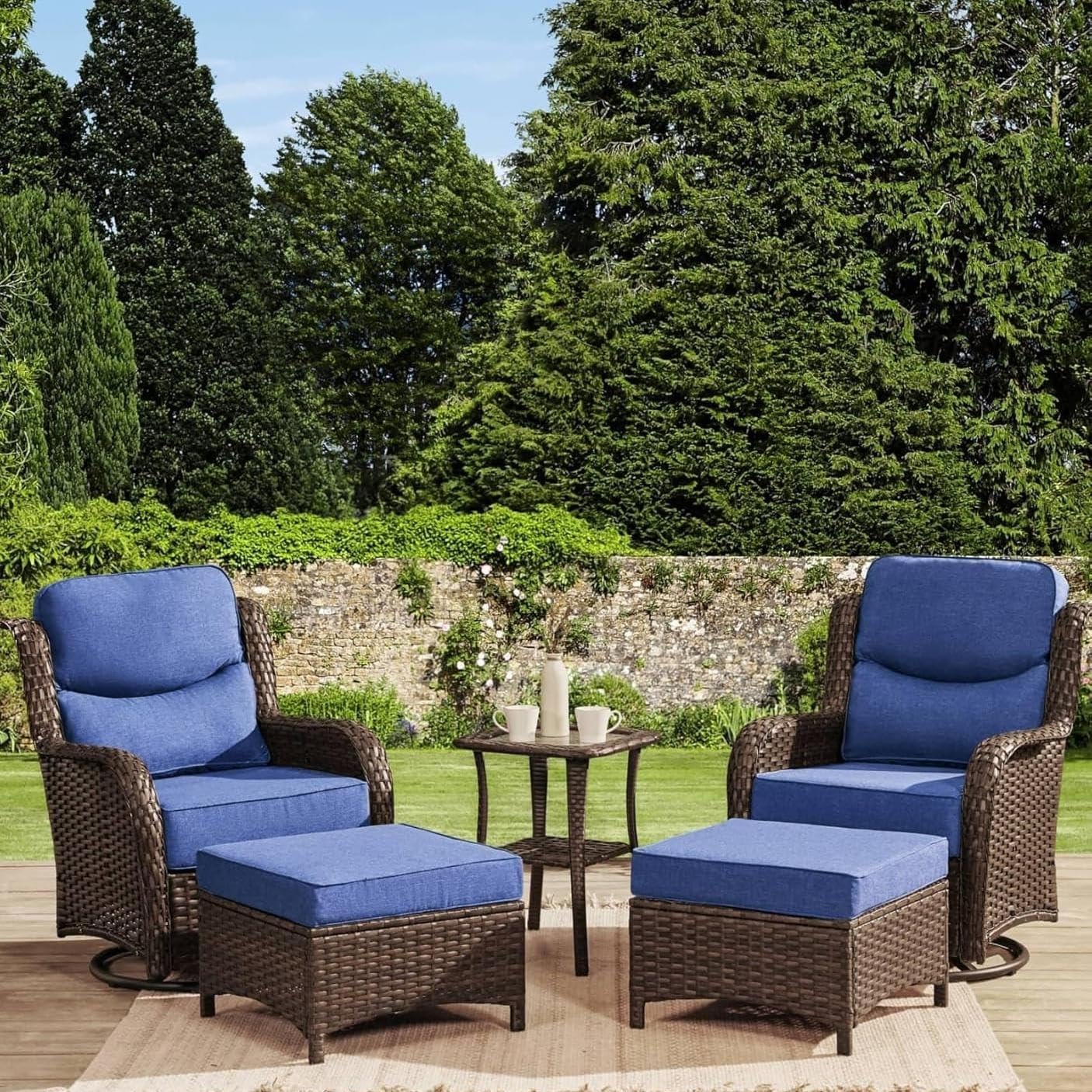 HILLGA Luxury Outdoor Swivel Rocker Patio Chairs of 2 with 6 Inch Thick Cushions and Side Table, Swivel Outdoor Chairs 5PCS High Back Wicker Patio Furniture Set for Porch, Balcony, Deck in Blue