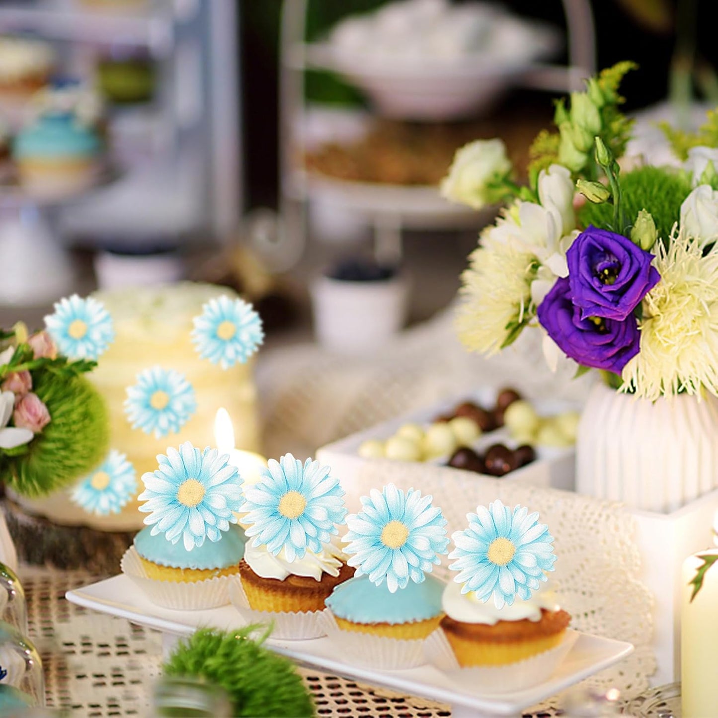 60 PCS Edible Daisy Cupcake Toppers Wafer Paper Daisy Cupcake Picks Edible Daisies Wildflower Birthday Party Decorations for Baby Shower Wedding Birthday Party Cake Food Decorations Supplies Blue