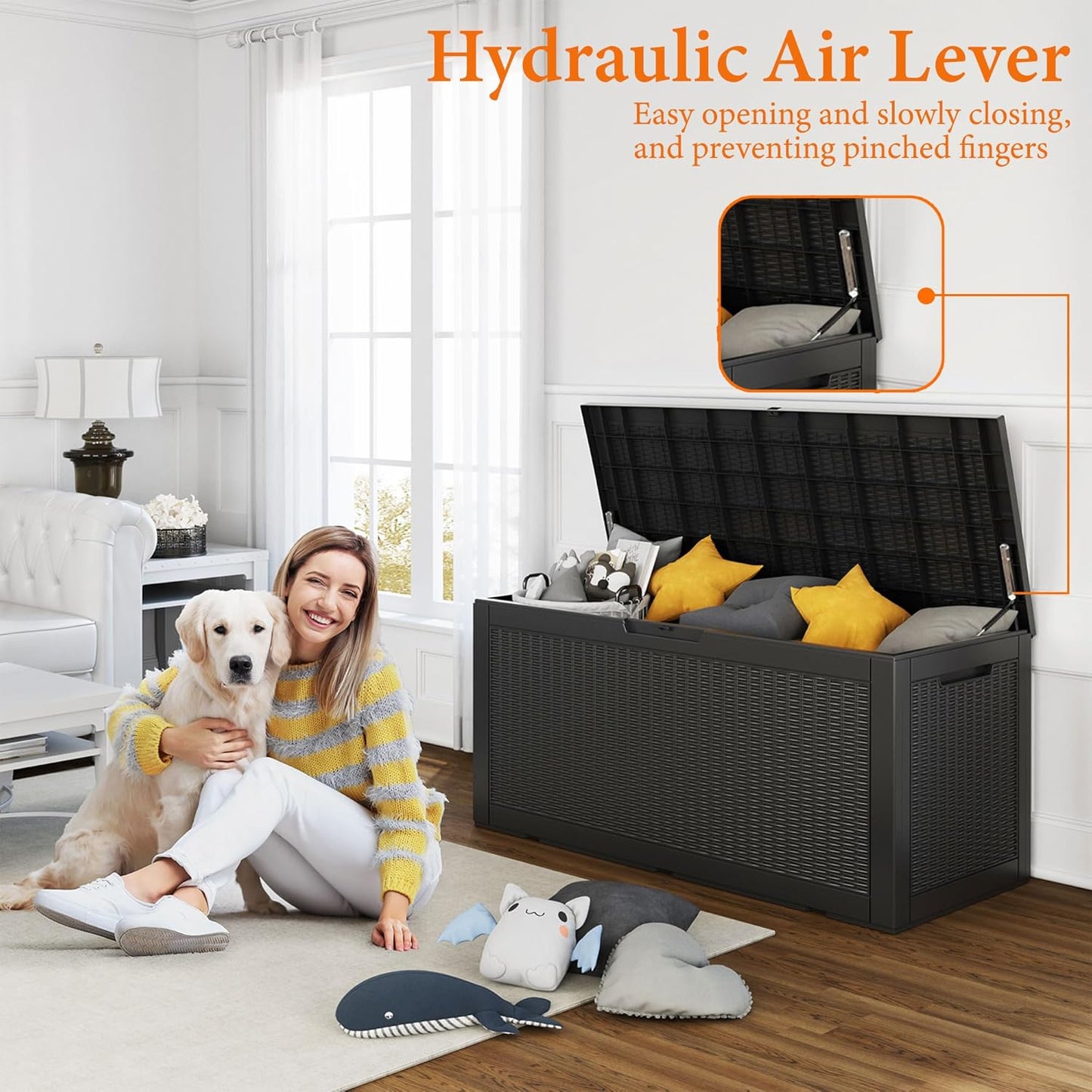 100 Gallon Resin Deck Box, Lockable Patio Outdoor Storage Box for Furniture, Garden Tools and Tools Storage, Waterproof Outside Storage Boxes - Black