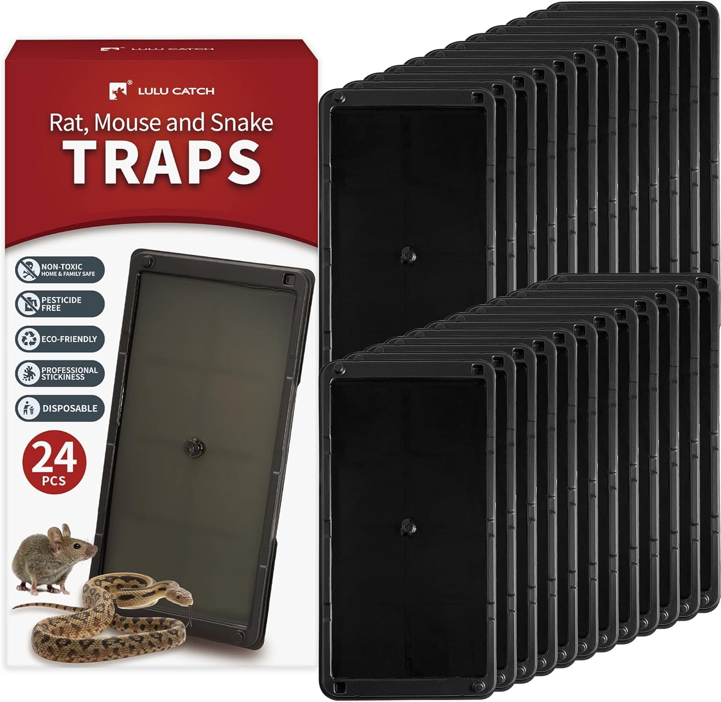LULUCATCH Super Glue Traps 24 Pack for Mice & Snakes, Larger, Heavier Sticky Traps with Non-Toxic Glue. Sticky Mouse Traps Indoor, Easy to Set, Pet Safe Pest Control
