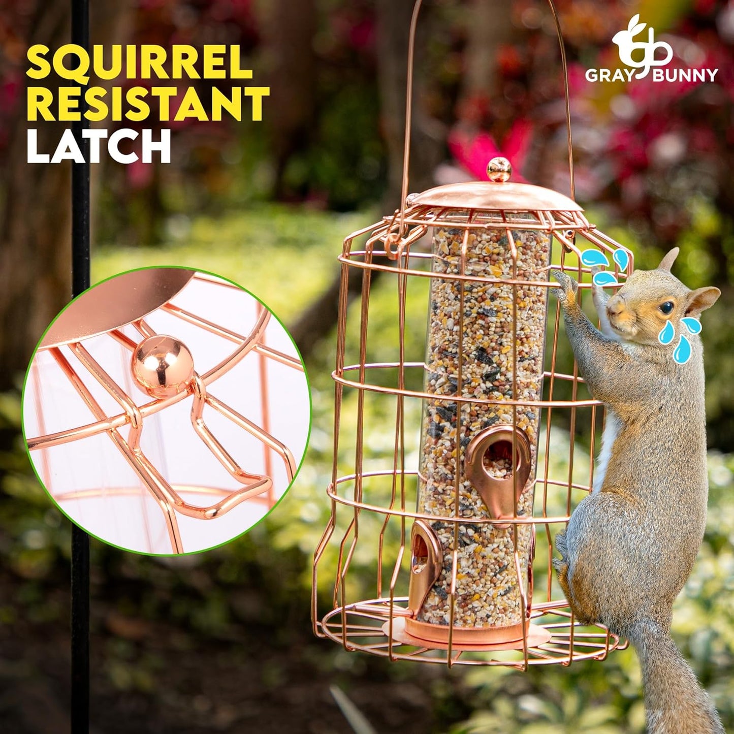 Squirrel Proof Bird Feeder for Outdoors Hanging (Metal Rose Gold) Bird Feeder with 4 Ports, Chew-Proof & Weather Resistant, Backyard Gift (10.25 x 6.25 x 6.25 inches)