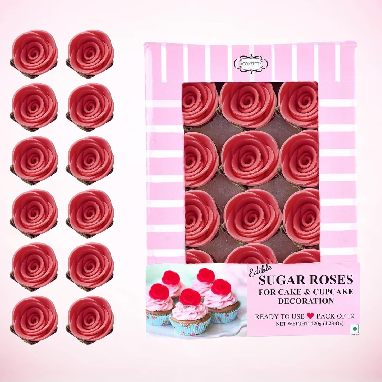 Confect Edible Flower | Edible Old Rose Flower for cake decorations | Edible Flower Cupcake Toppers | Cupcakes & Doughnut Edible Toppers | Flamingo Old Rose Sugar Flower- Pack of 12