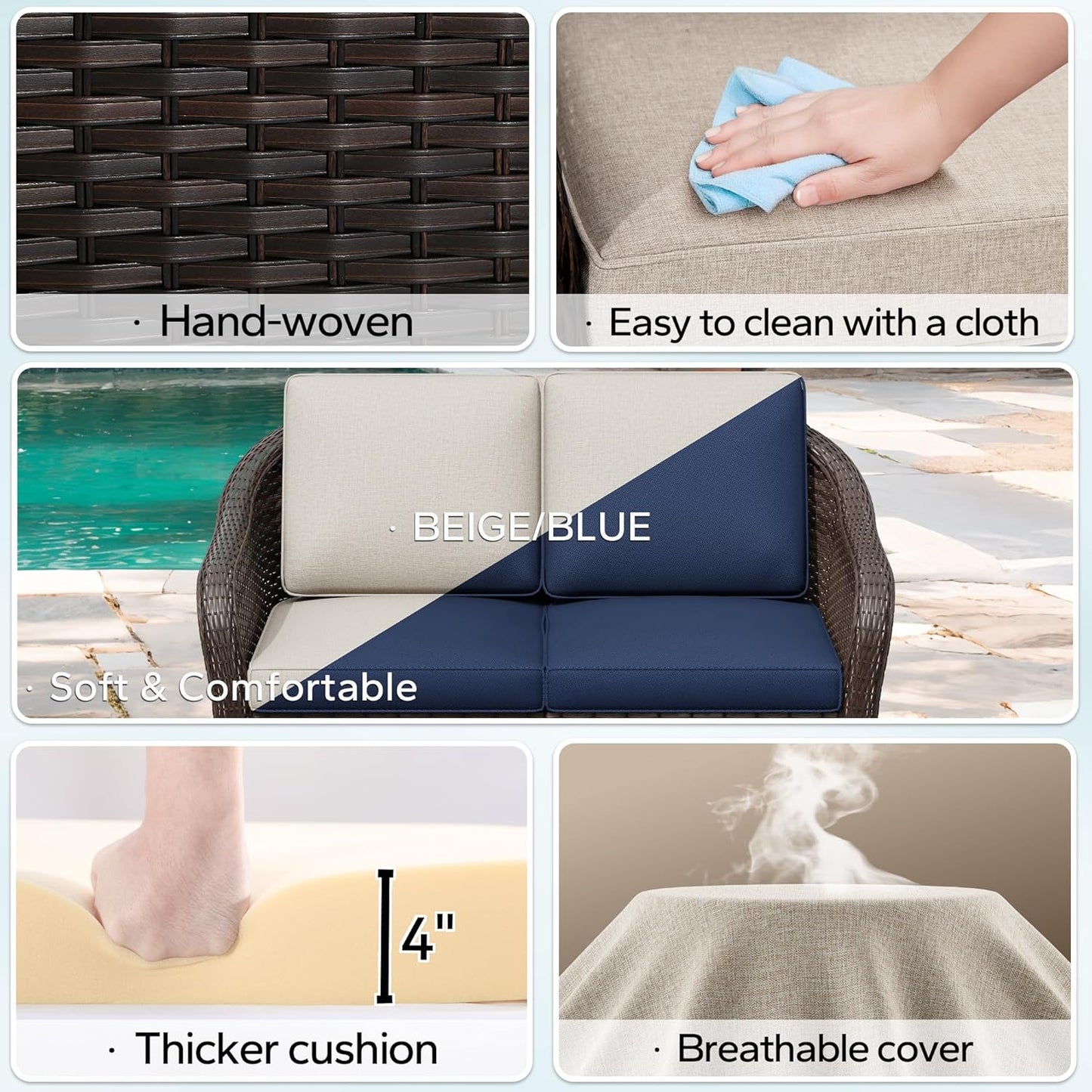 55" Outdoor Loveseat Wicker 2-seat Sofa with Removable Cushions, Conversation Patio Furniture, PE Rattan Couch, Steel Frame Couch with Cushions for Backyard, Deck (Beige)