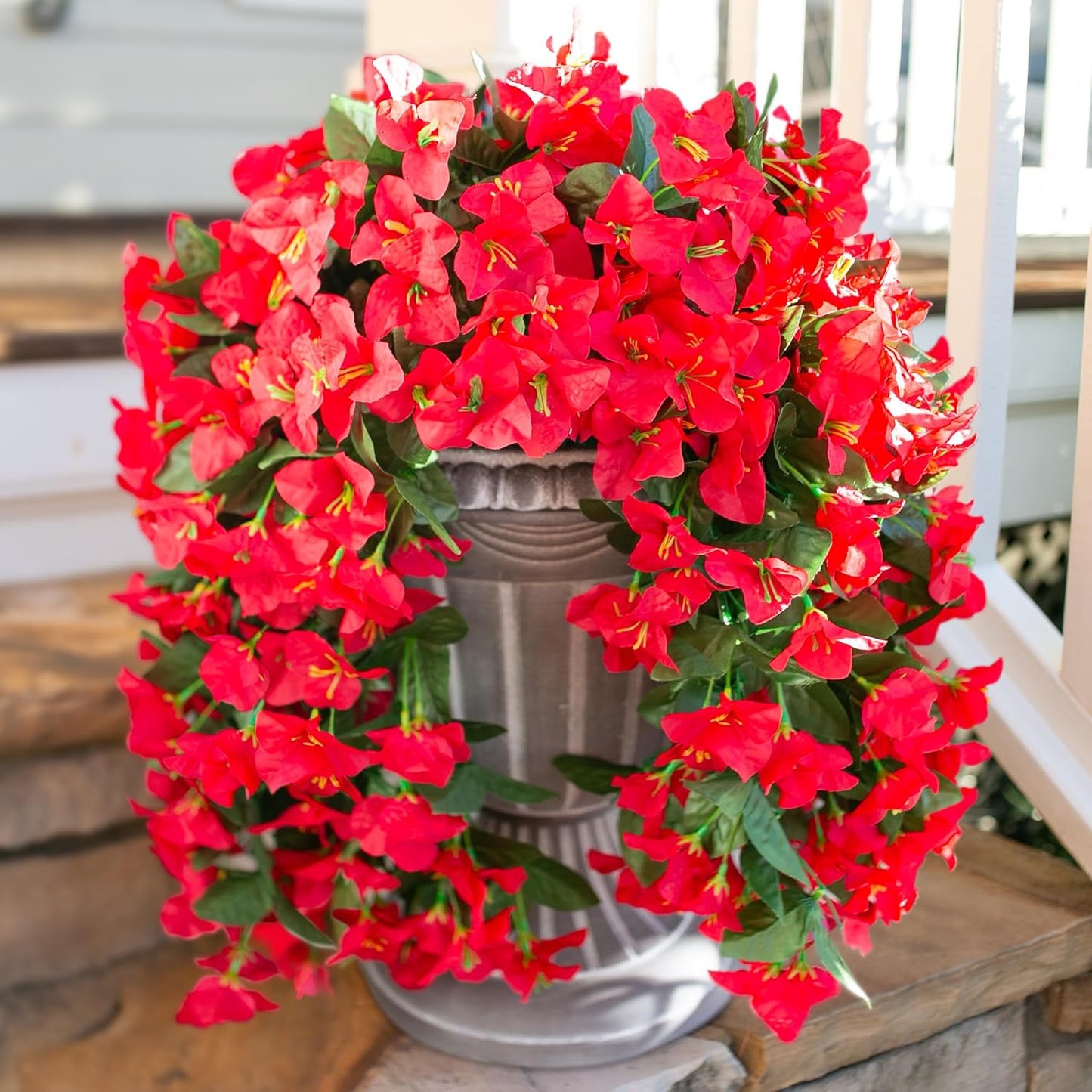 Bougainvillea Artificial Hanging Flowers Plants for Outdoors Decoration, 2pcs Fake Flowers Silk Bougainvillea Vines Realistic UV Resistant Faux Flowers for Outdoor Planters Porch Patio, Red