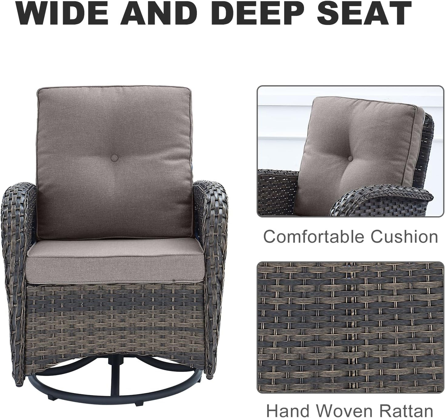 HUMMUH 5 Pieces Wicker Patio Furniture Set,Outdoor Swivel Gliders Rocker,Patio Ottomans,Glass Top Side Table,Outdoor Conversation Set for Porch Deck Backyard Poolside