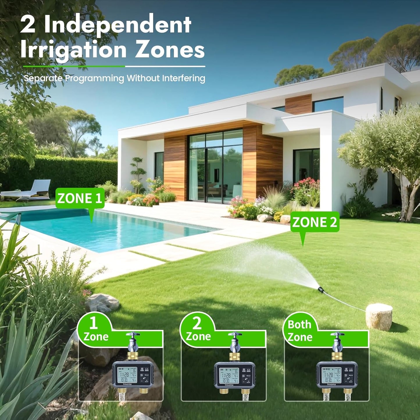 Insoma Water Timer with Brass Inlet & Outlet, 2 Independent Zones Outdoor Hose Timer for Garden Faucet with Auto/Manual/Rain Delay Mode, Sprinkler Irrigation Controller for Yard Lawn
