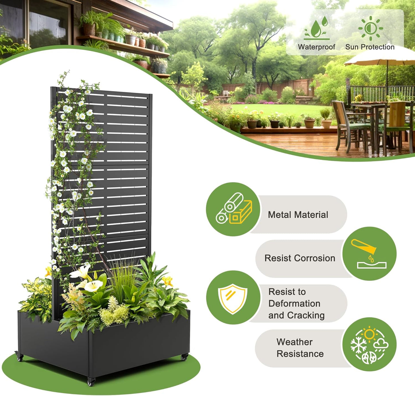 FENCY Dual Planter Boxes Metal Raised Garden Bed with Wheels and Trellis, 73"x35"x24" Privacy Screen for Vegetables, Vines & Flowers, Includes Drainage Holes