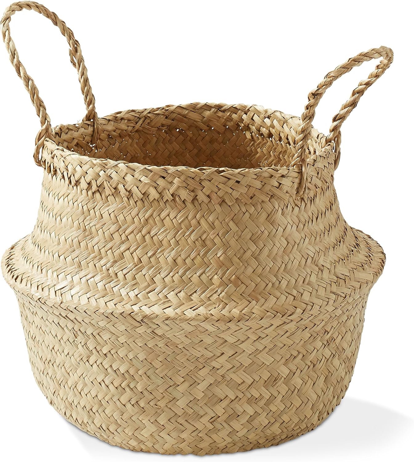 Casafield Seagrass Belly Storage Basket Planter with Handles - Medium, Natural Woven Wicker Indoor Plant Pot Cover for Plants and Trees