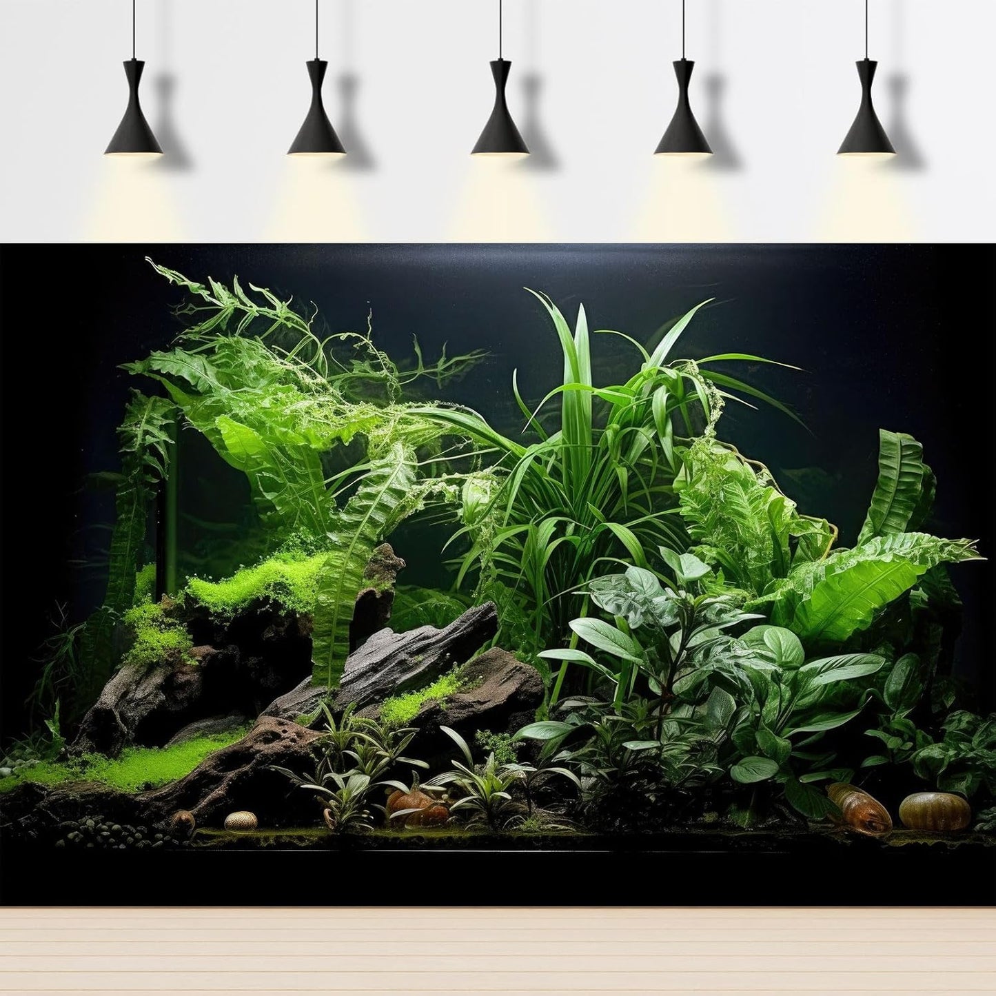 Aquarium Background Freshwater Green Plants Terrarium Background Aquatic Underwater Sea Grass Tank Background Wood Root Rock with Moss Jungle Style Fish Tank Background Poster Wallpaper 72x24in