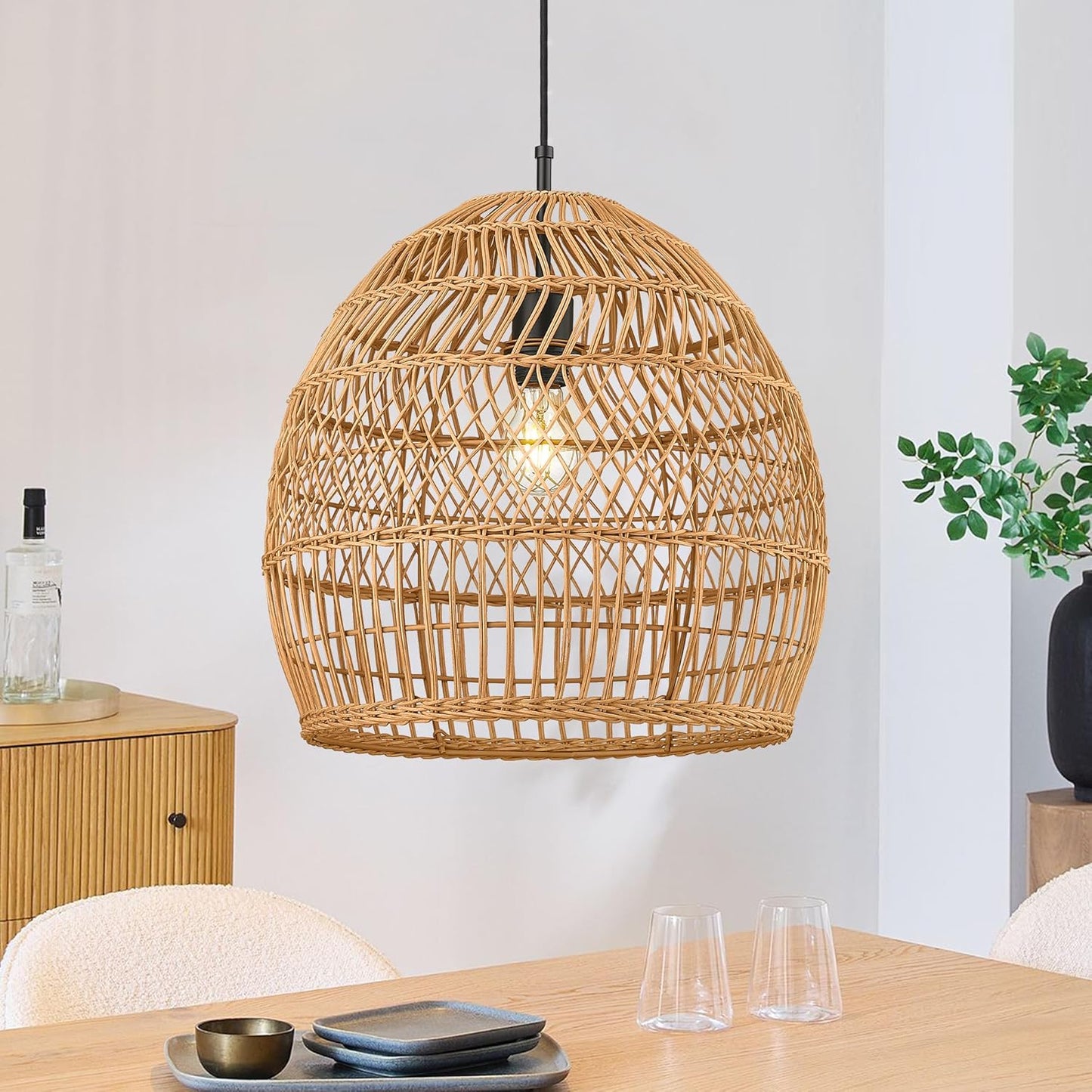 ELYONA 16” Large Boho Rattan Chandelier, Modern Rustic Wicker Pendant Light Fixtures, Basket Hand Woven Hanging Lamp for Coastal Kitchen Island Dining Room Living Room Bedroom Foyer (40cm*40cm)