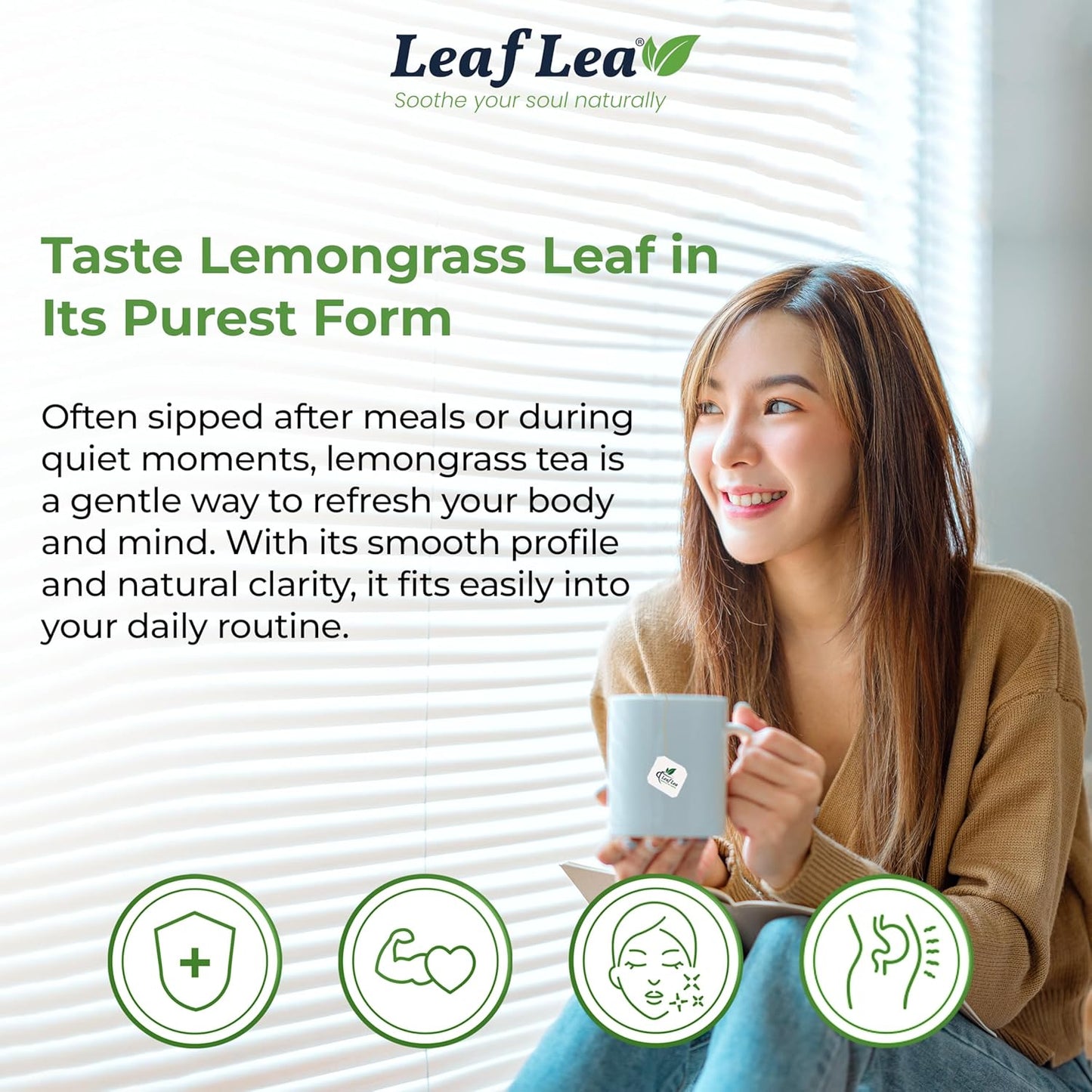 LeafLea Lemongrass Tea Bags, 40 Count, 100% Natural Lemongrass Leaves, Te Limon Grass, Te de Limoncillo Herbal Tea with Smooth Light Aroma, Sugar-Free, Caffeine-Free, Non-GMO, Vegan Friendly