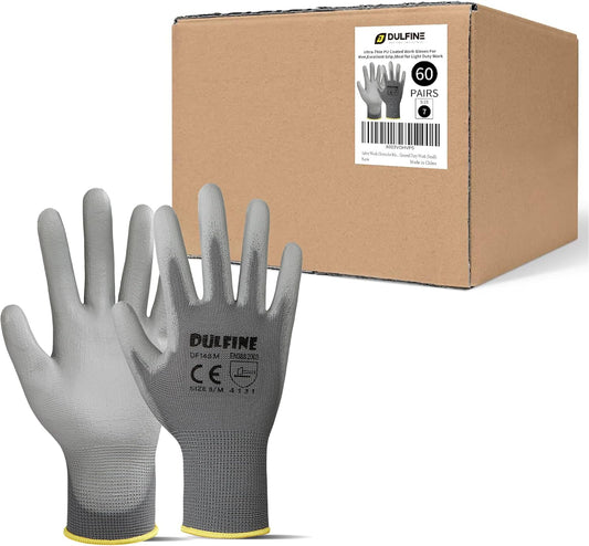 Safety Work Gloves for Men PU Coated 60 Pairs Bulk Pack,Grey Seamless Knit Glove with thin Polyurethane Coated Smooth Grip on Palm & Fingers, for Men and Women, Ideal for General Duty Work (XX-Large)
