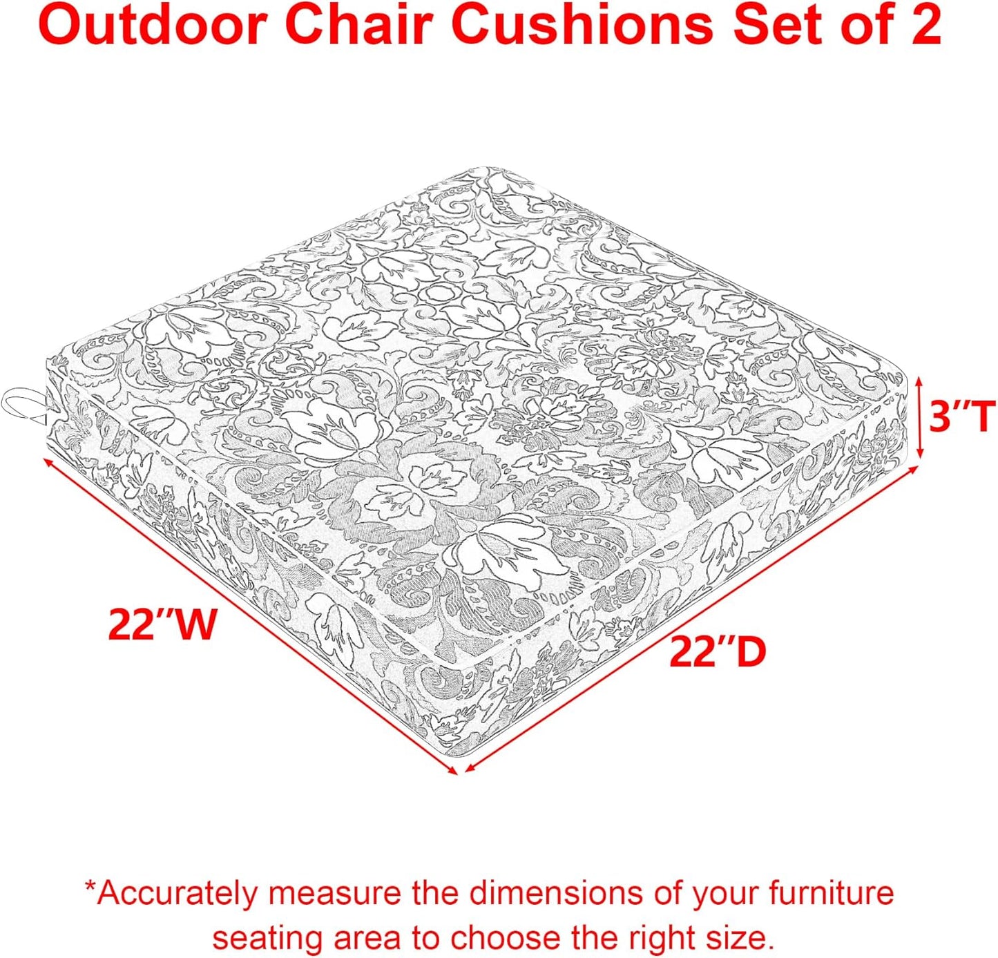 Favoyard Outdoor Chair Cushion 22 x 22 x 3 In Waterproof Pattern Fade Resistant Cushions for Patio Furniture with Removable Cover Attach Straps 28D Foam Insert Cushions Pads for Seat Sofa Couch 2 Pack