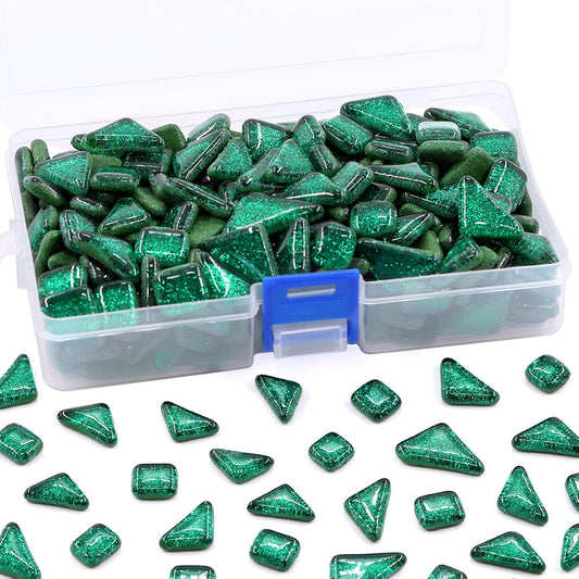 Swpeet 1 Pound Deep Green Shine Crystal Series Mosaic Tiles Assortment Kit, Square and Triangle Genuine Mosaic Tiles Glitter Crystal Mosaic Perfect for Home Decoration Crafts
