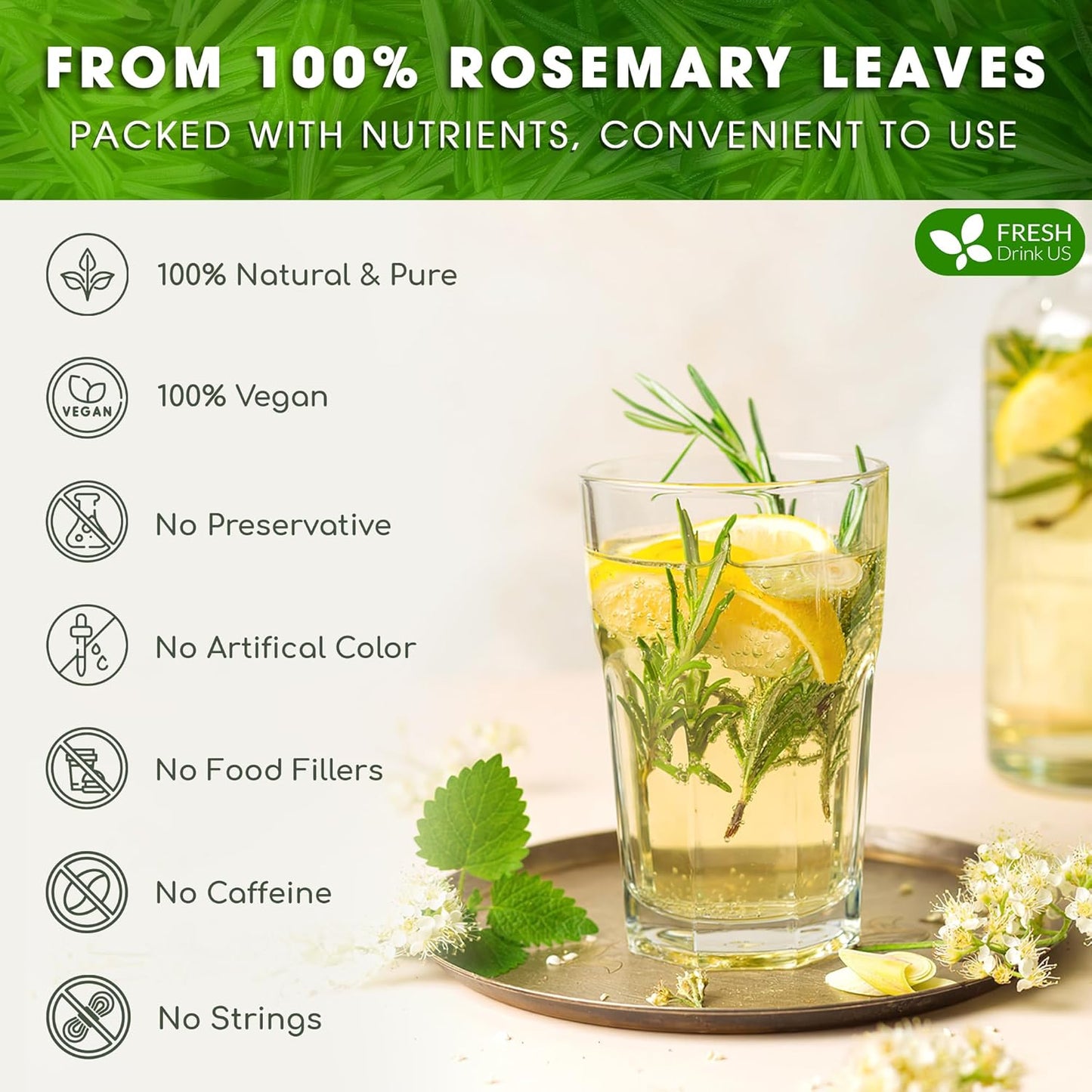 FreshDrinkUS, Premium 40 Rosemary Leaf Tea Bags, 100% Natural and Pure Rosemary Dried Leaves, Pure Rosemary Herbal Tea, No Additives, No Caffeine, No Gluten, Vegan.
