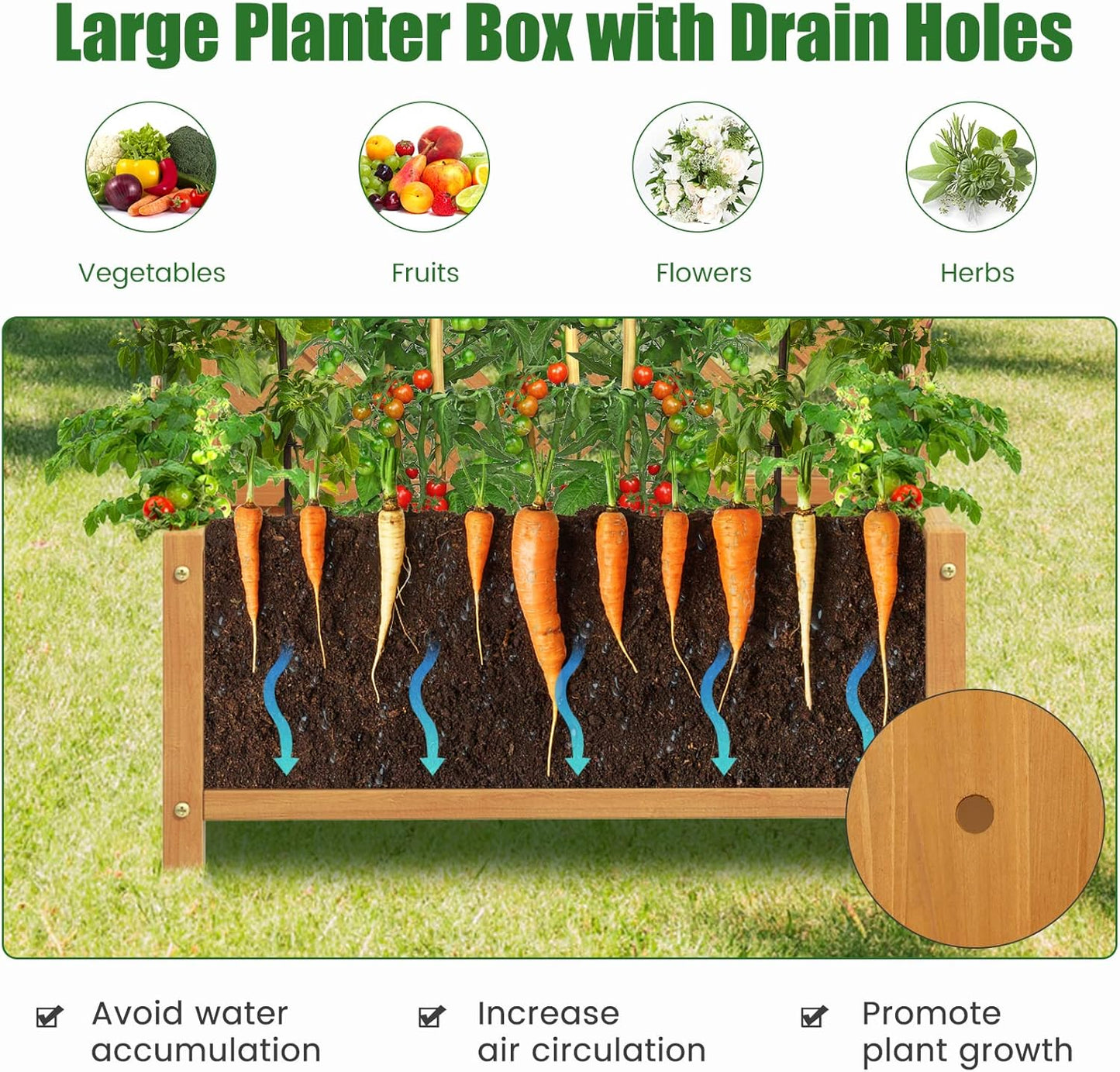 HAPPYGRILL Raised Garden Bed with Trellis, 71" Planter Raised Bed with Drainage Holes, Freestanding Garden Planter for Vine Climbing Plants, Wooden Planter Box for Yard Balcony(2, Yellow)