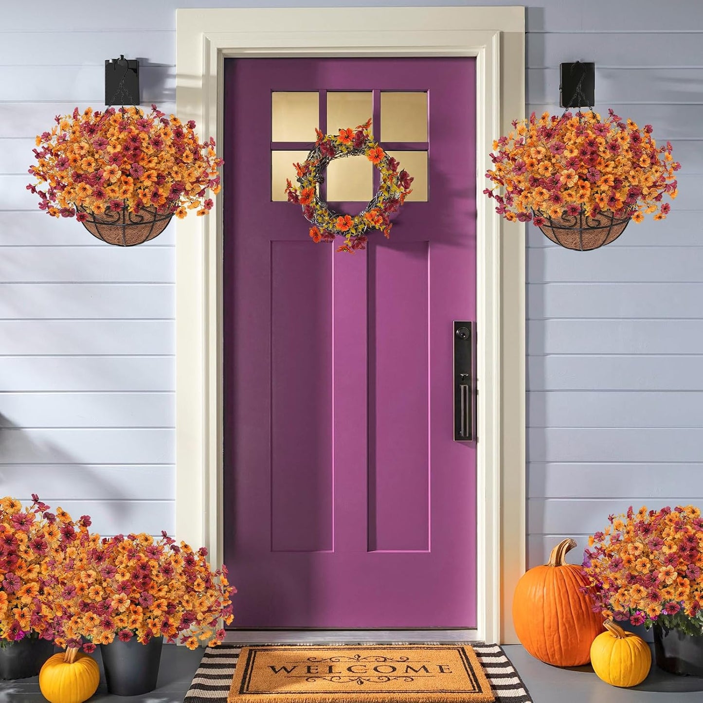 2Pack Fall Artfiticial Hanging Flowers Baskets for Outdoors, UV Resistant Fake Fall Hanging Plants, Faux Orange Flowers for Autumn Home Patio Front Porch Balcony Decor (Yellow Red)