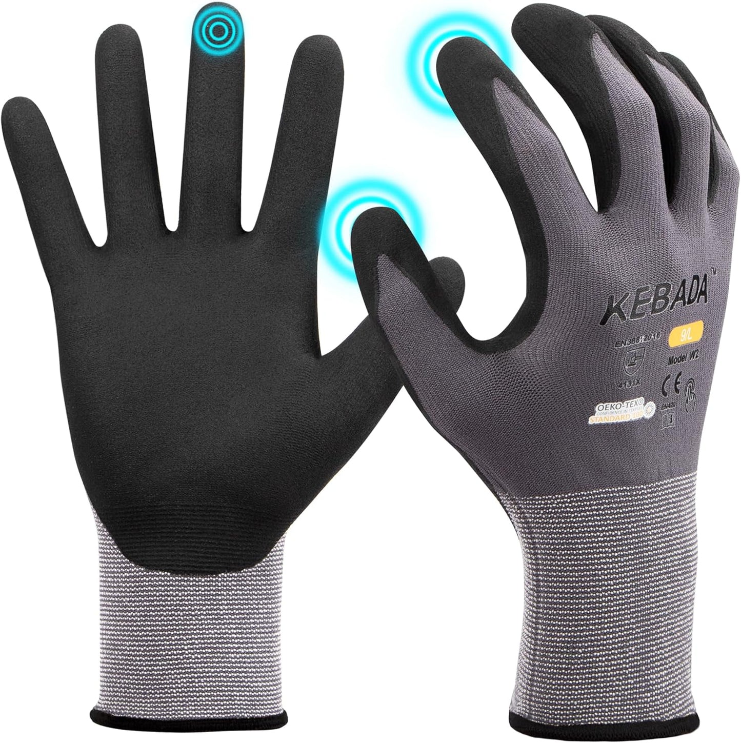 Kebada W2 Safety Work Gloves, Micro-Foam Nitrile Coated Gloves, Touchscreen,Ideal for Package Handling, Gardening, Construction, 1 Pair Large
