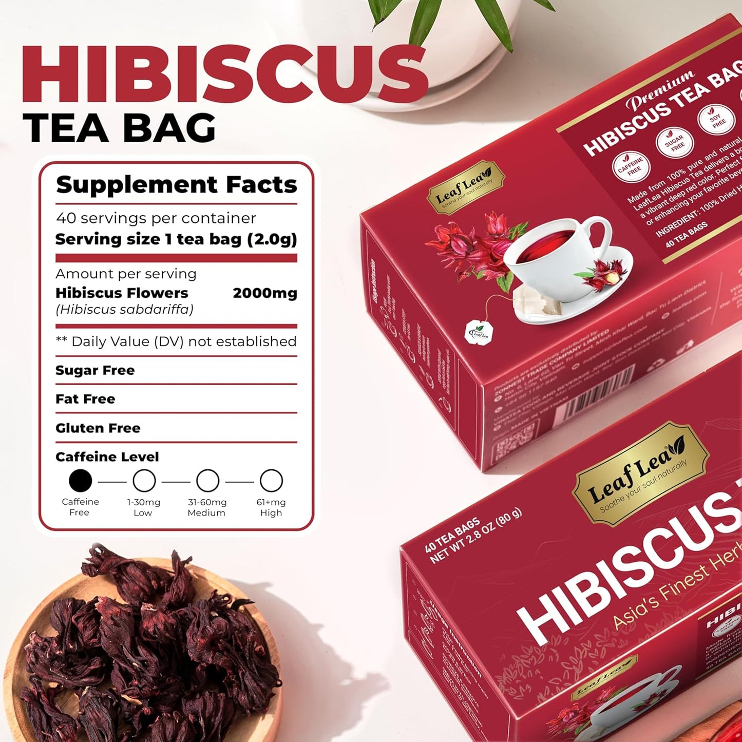 LeafLea 80 Hibiscus Tea Bags, 100% Natural Hibiscus Flowers, Caffeine-Free Herbal Tea, Red Hibiscus Flower Tea Bags, Te de Hibisco Natural, Sugar-Free, Non-GMO, Gluten-Free, Vegan (Pack of 2)