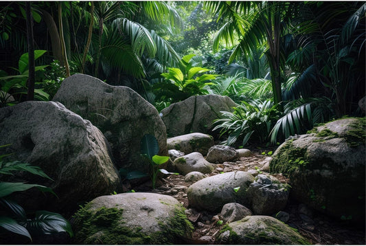 Reptile Habitat Backdrop Lush Tropical Plants and Rocks Terrarium Backdrop Dense Vegetation with Large Broad Leaves and Ferns Fish Tank Background Aquarium Wallpaper Poster Decor Vinyl 36x20in