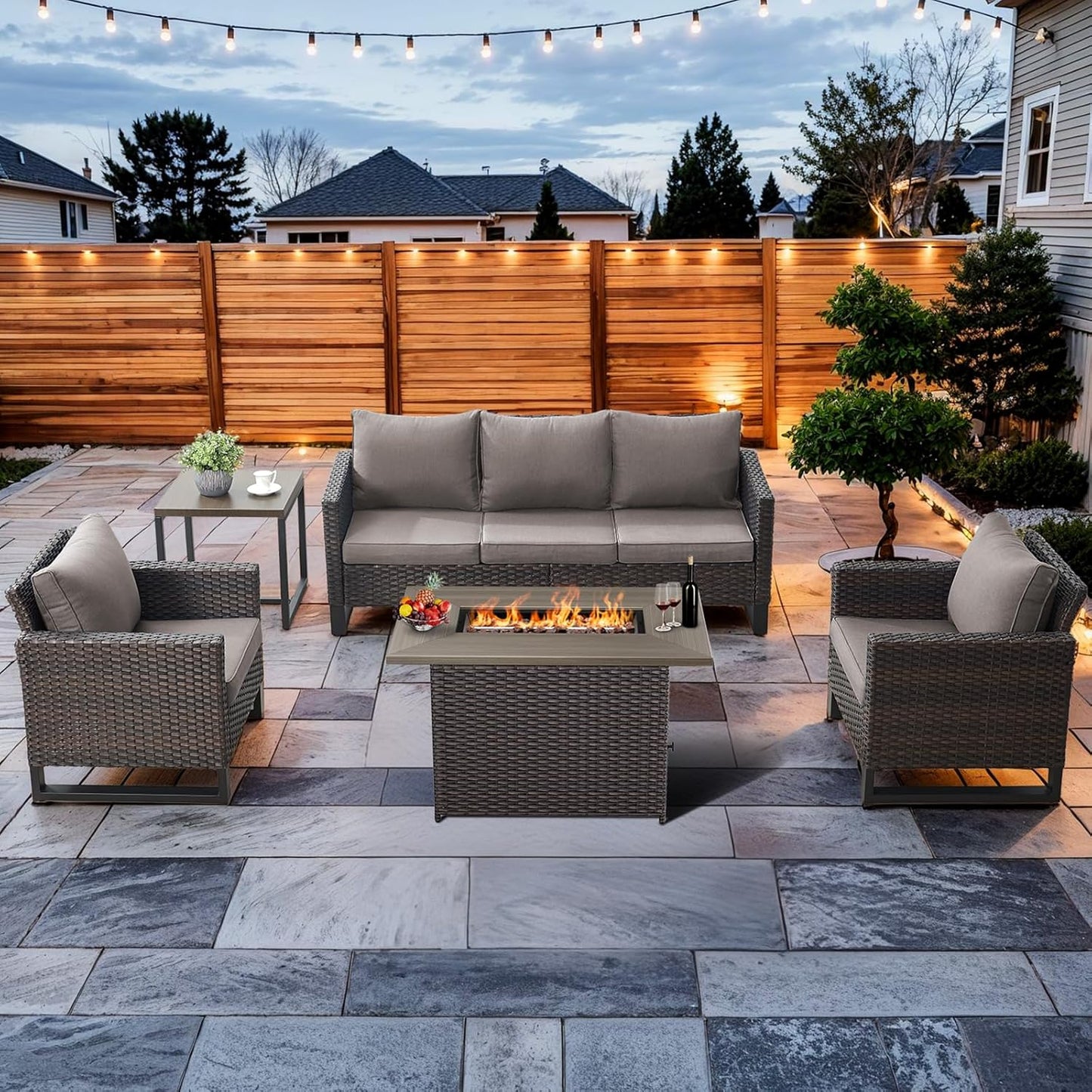 HUMMUH 5 Piece Patio Furniture Set with Fire Pit Table 41in 55,000 BTU,Wicker Outdoor Conversation Sets -Patio Sofa Outdoor Chairs Set of 2 for Porch,Garden,Backyard