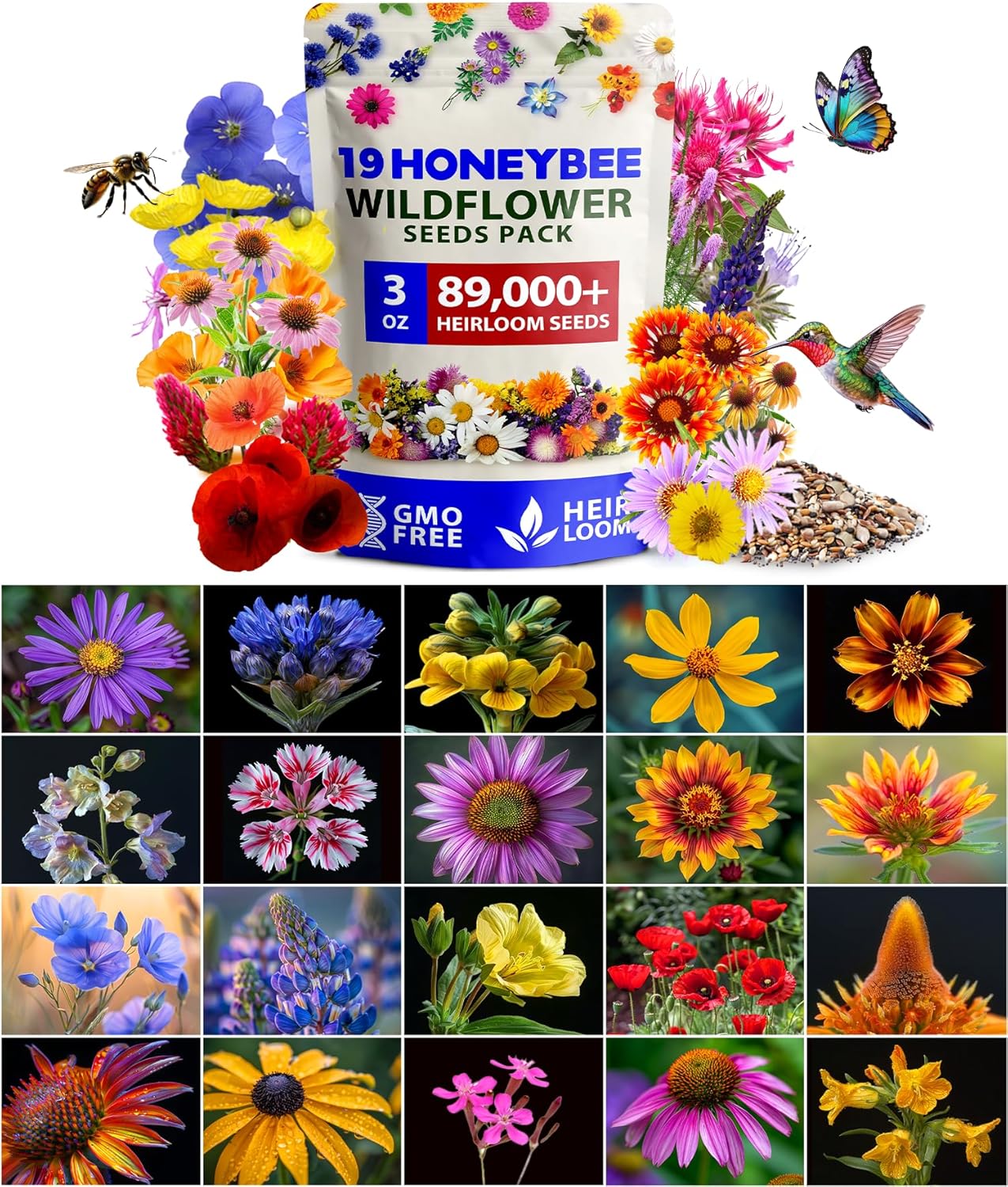 HOME GROWN Wildflower Seeds (3oz) 89,000+ Flower Seed Mix | No Filler | 19 Varieties, USA-Sourced Bulk Wild Flowers Seeds for Planting, Butterfly & Pollinator Perennial and Annual Wild Flower Mix