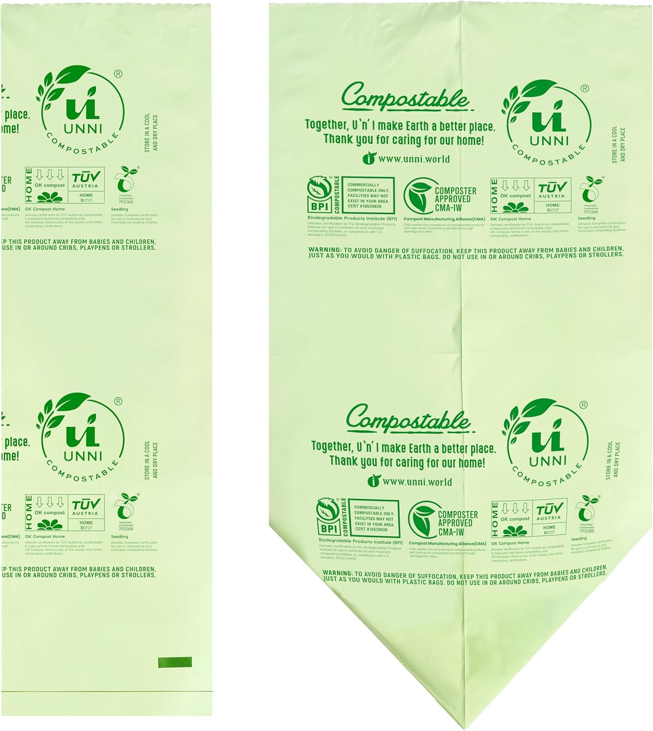UNNI Compostable Trash Bags, 20-23 Gallon / 87 Liter, 60 Count Value Pack, Extra Thick 1.0 mil Large Bin Liners for Food Scrap, BPI, CMA & OK compost HOME Certified (Meets ASTM D6400)