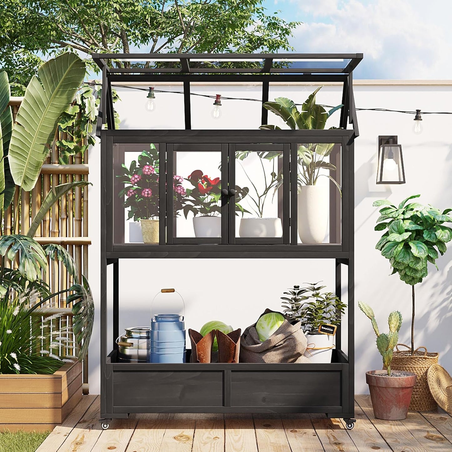Garden Wood Portable Cold Frame - Mini Greenhouse with Wheels, Open Roof & Storage (Black+ Wood Color + WoodColor)