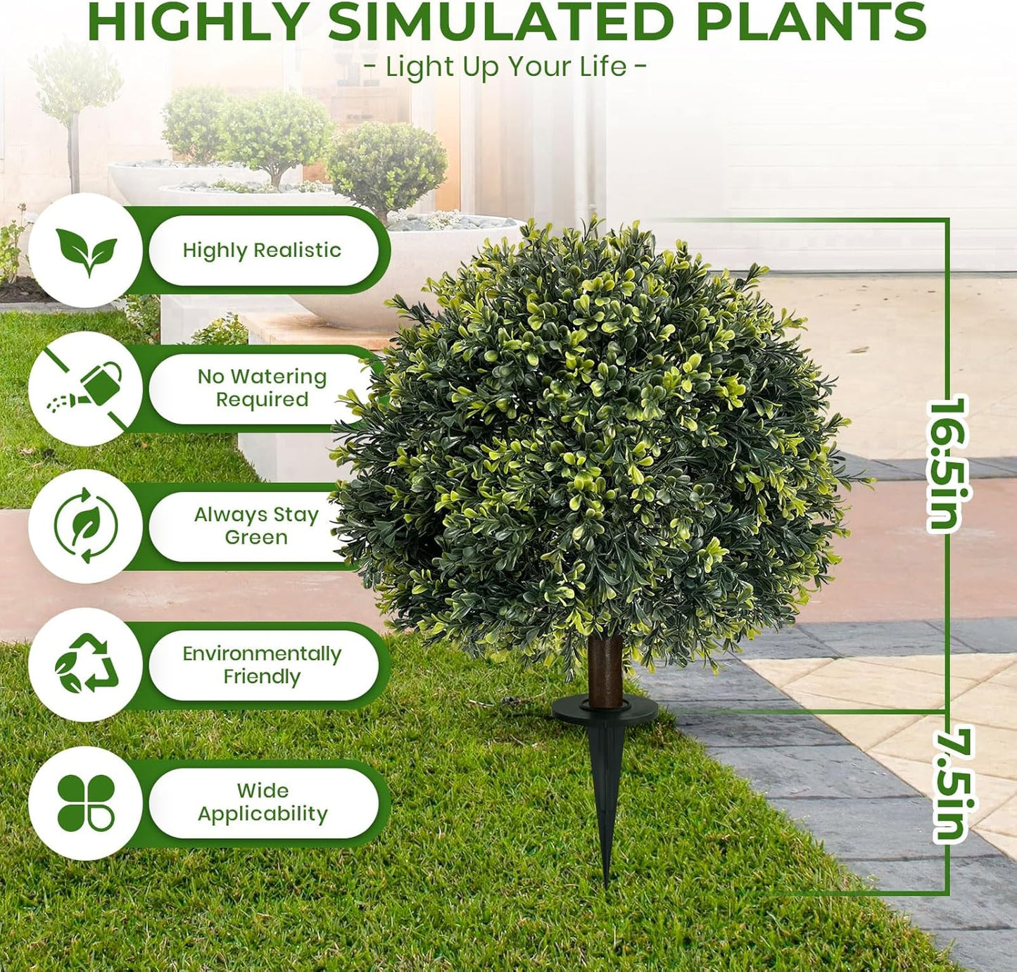 ICX 2 Pack 24&quot; Artificial Boxwood Topiary Ball Trees with Ground Spike,Artificial Plants Outdoor,Fake Bushes &amp; Shrubs for Porch, Garden, Front Porch Decor - Indoor/Outdoor Faux Plants