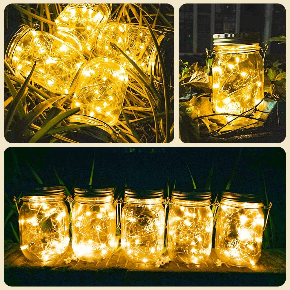 Solar Mason Jar Lights [Updated], 8 Pack 20 LED Waterproof Fairy Firefly Jar Lids String Lights with Hangers(NO JARS), Patio Yard Garden Wedding Decoration - Warm White