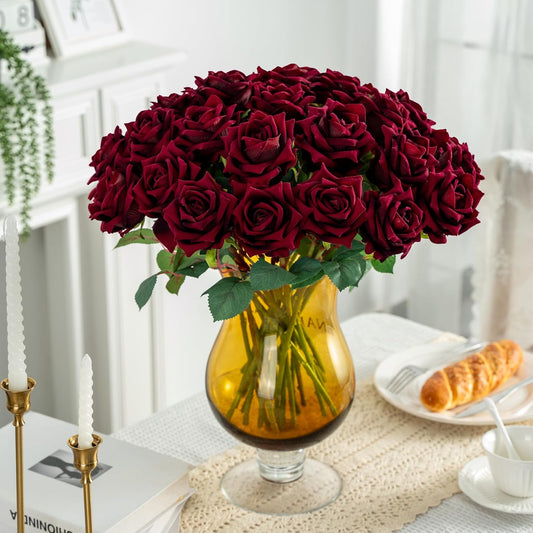 Fake Roses Faux Flowers Silk Roses Artificial Roses with Stems Realistic Artificial Flowers Suitable for Indoor Home Decoration Diy Bouquet Wedding Decor Party Decor 24PCS(Black red,16.5In)