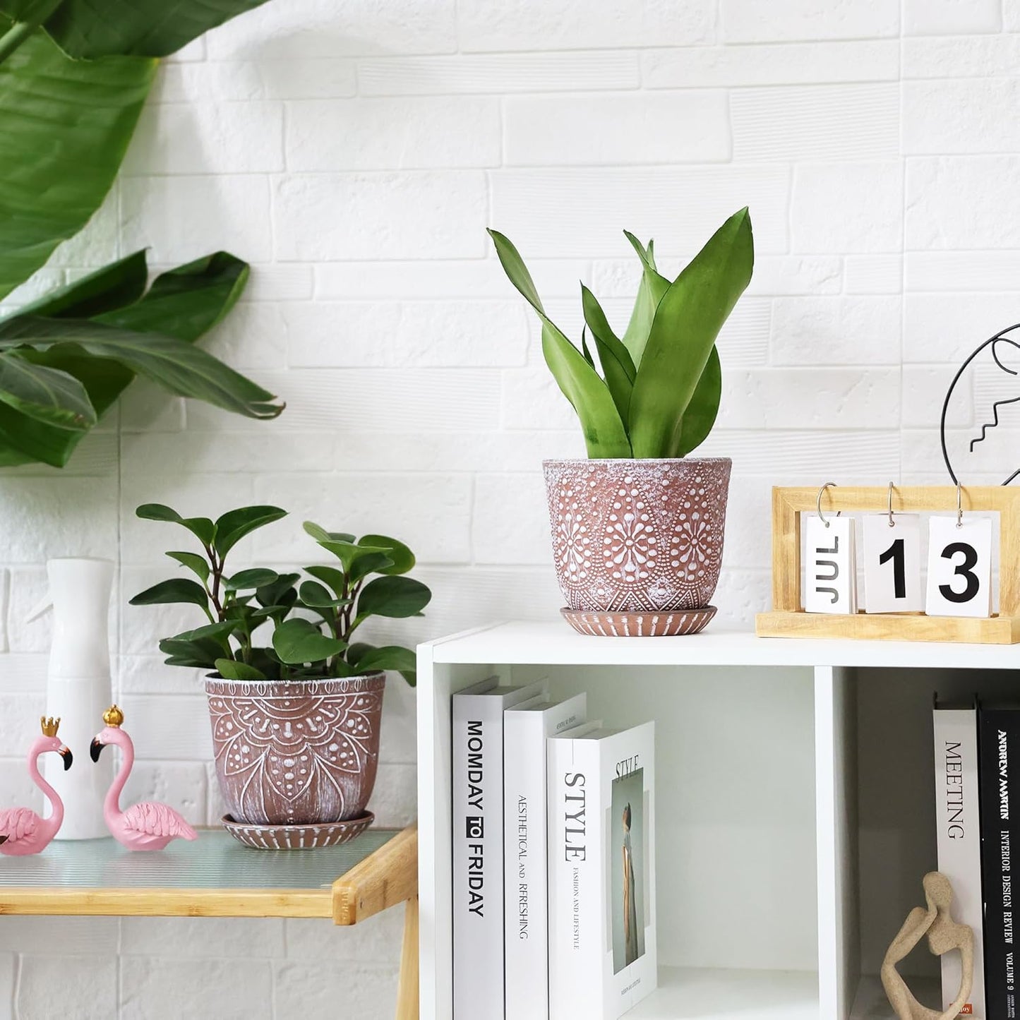 Gepege 6 Inch Beaded Ceramic Planter Set of 2 with Drainage Hole and Saucer for Plants, Indoor-Outdoor Large Round Succulent Orchid Flower Pot