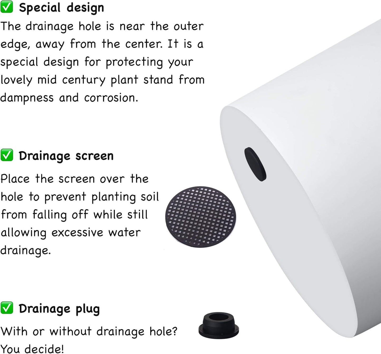 FaithLand Plant Pot 8 inch - Perfectly Fits Mid-Century Modern Plant Stand - Drainage Plug and Drainage Mesh Screen - White Planter Pot.