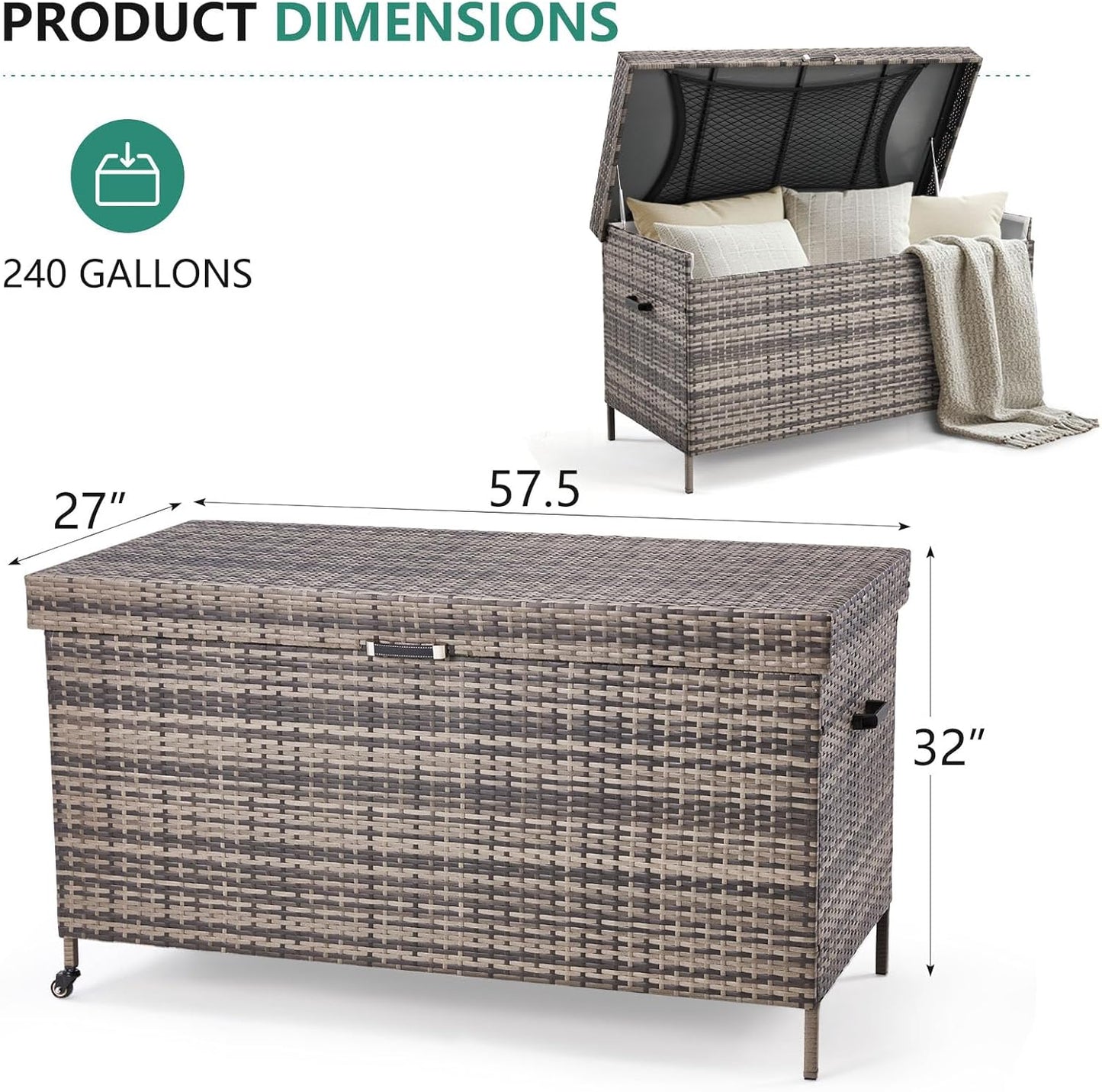 HOMREST Large Deck Box, Outdoor Wicker Storage Container with 240 Gallon, Patio Rattan Furniture for Garden Tools, Pillows, Pool, Brown